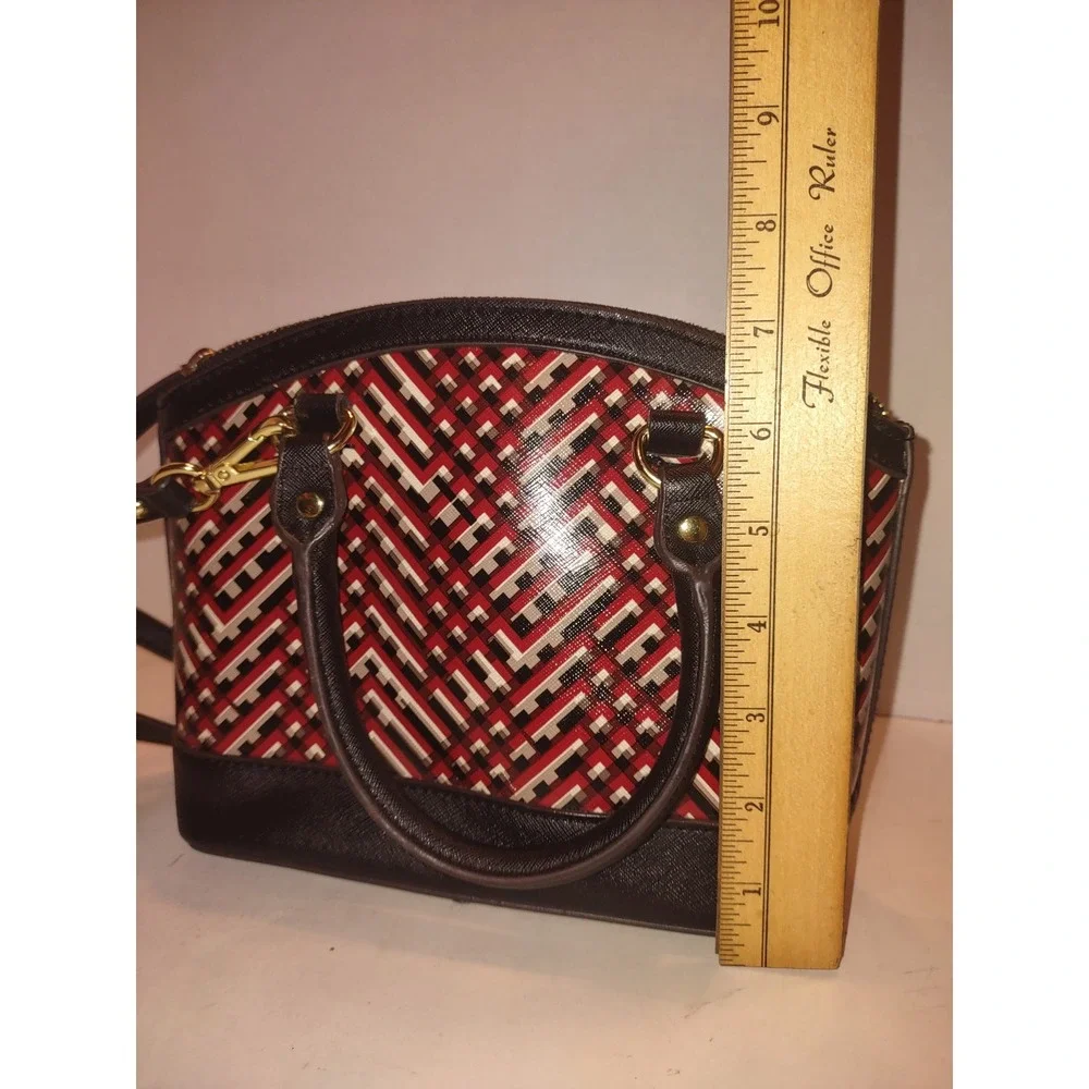 Anne Klein Womens Satchel Handbag Purse Geometric Print Black Red Gold 9x4x7